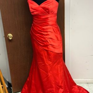 Red Satin staples full length gown .
